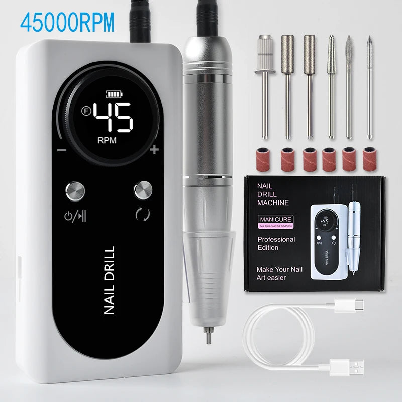 45000 RPM Rechargeable Electric Nail Drill Machine Nail Mill Cutter Sets With Nail Drill Bits Portable Nail Salon Nail Files Kit